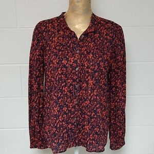 LOFT PRINT WITH LYREX SMOCKED BUTTON UP MANDARIN COLLAR COTTON BLOUSE